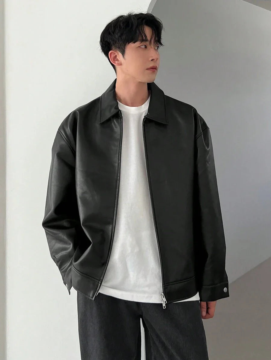 DAZY 1pc Men Plain Black Faux Leather Jacket For Autumn, Grunge