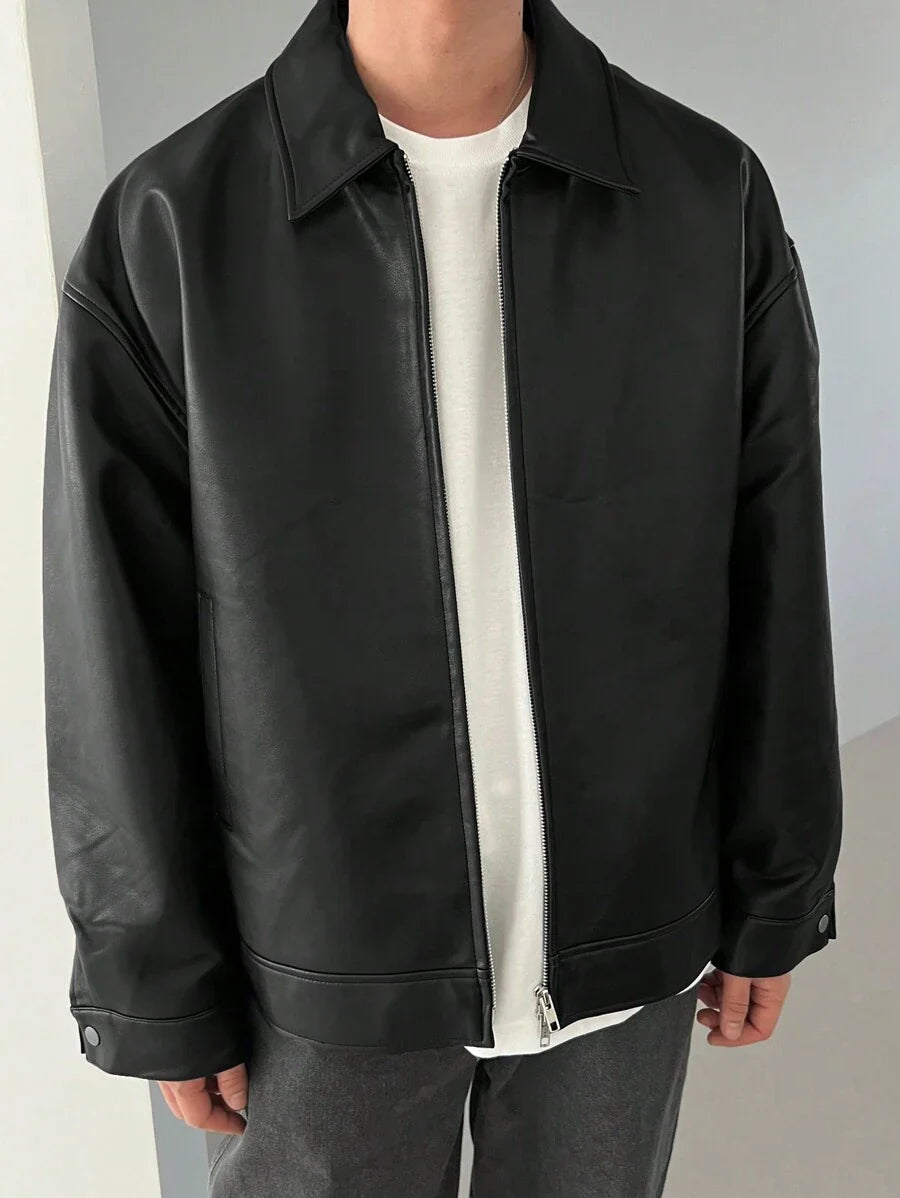 DAZY 1pc Men Plain Black Faux Leather Jacket For Autumn, Grunge
