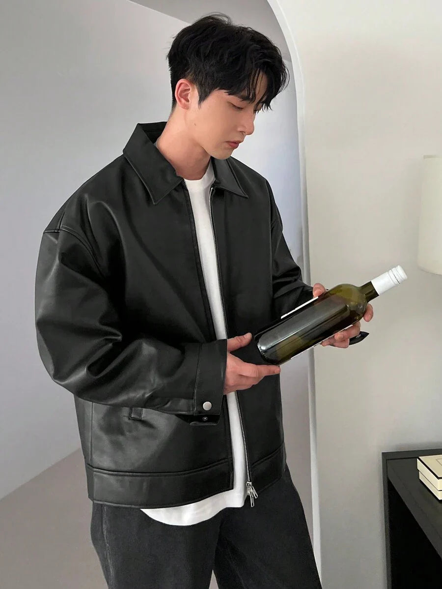DAZY 1pc Men Plain Black Faux Leather Jacket For Autumn, Grunge