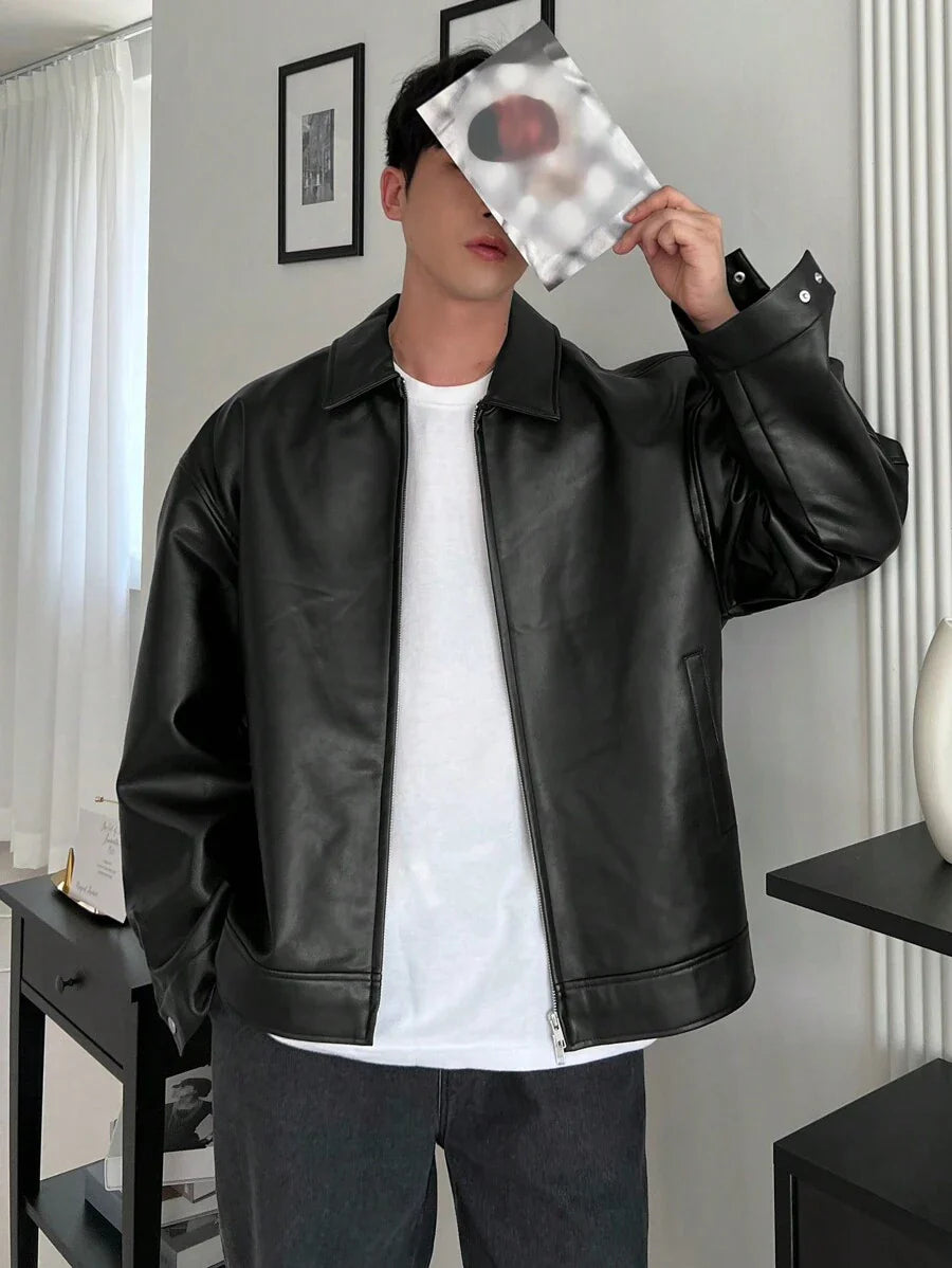 DAZY 1pc Men Plain Black Faux Leather Jacket For Autumn, Grunge