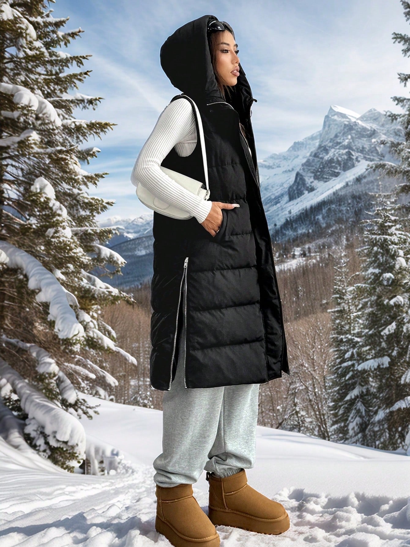 SHEIN EZwear Women's New Solid Color Hooded Sleeveless Mid-Length Down& Feathers Vest With Pockets, Winter