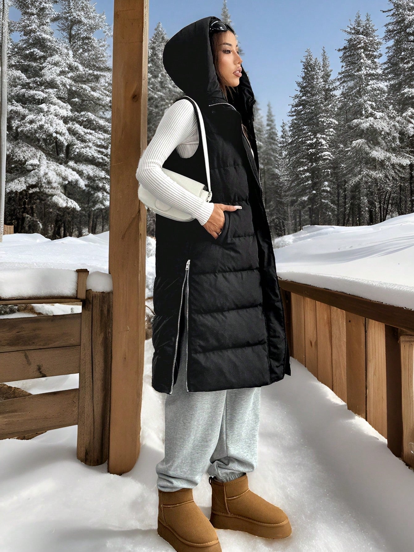 SHEIN EZwear Women's New Solid Color Hooded Sleeveless Mid-Length Down& Feathers Vest With Pockets, Winter
