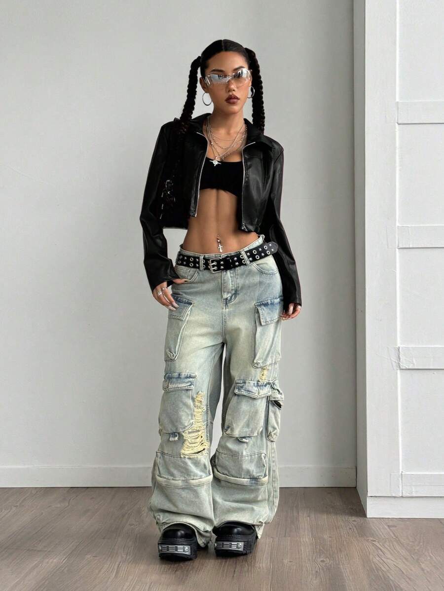 StreetHx Halloween Cropped Leather Zipper Jacket, Suitable For Autumn And Winter