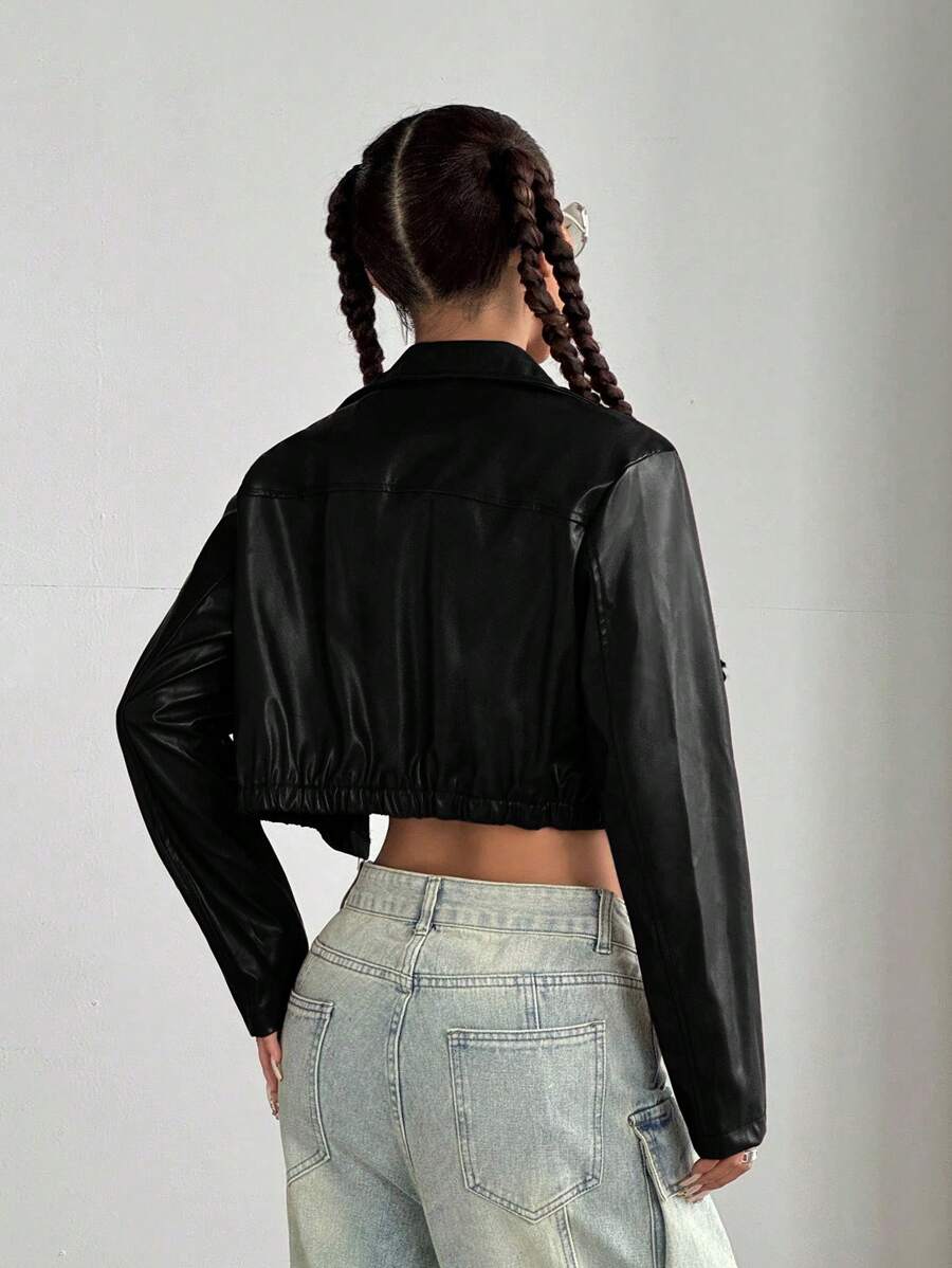 StreetHx Halloween Cropped Leather Zipper Jacket, Suitable For Autumn And Winter