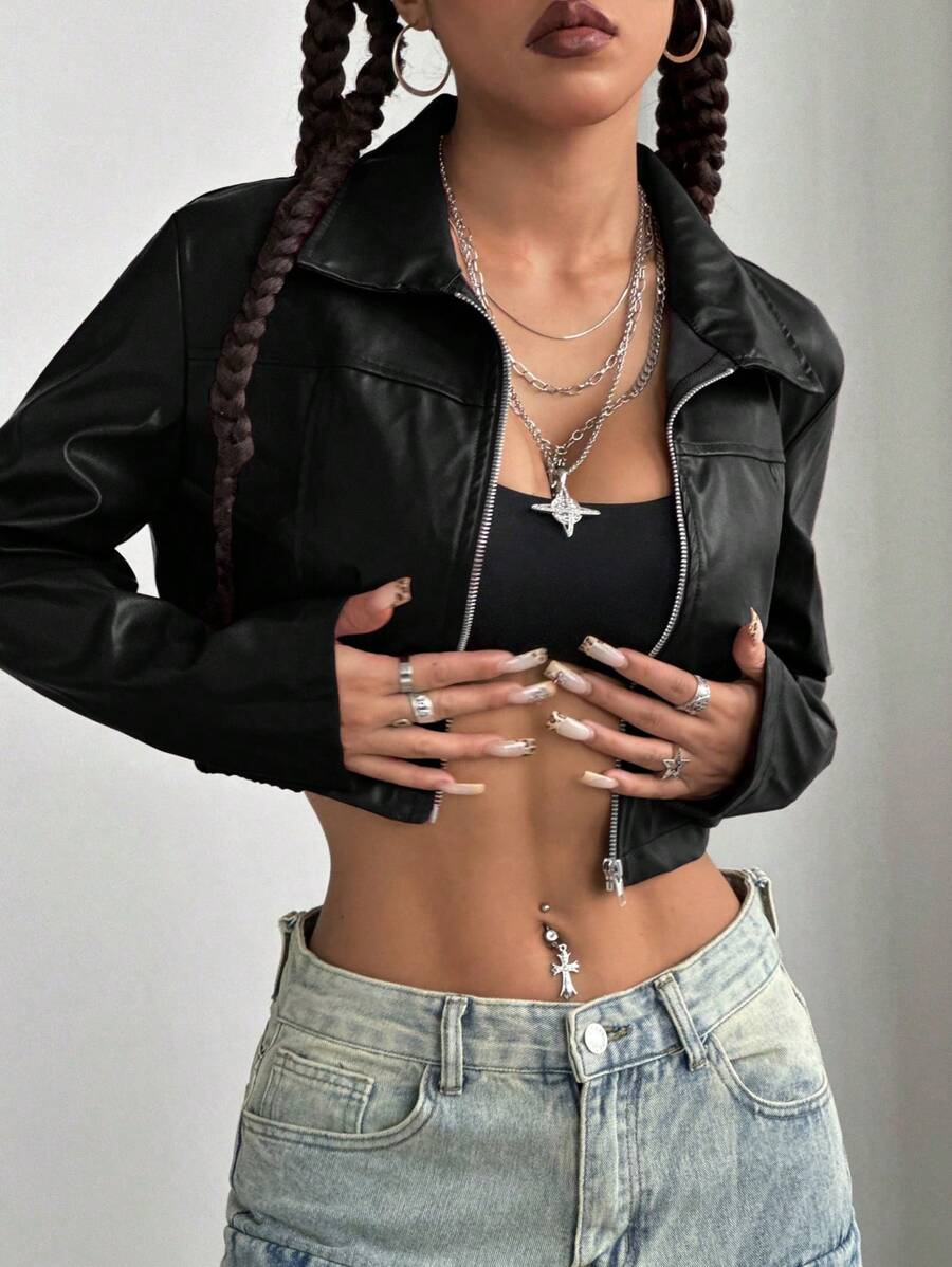 StreetHx Halloween Cropped Leather Zipper Jacket, Suitable For Autumn And Winter