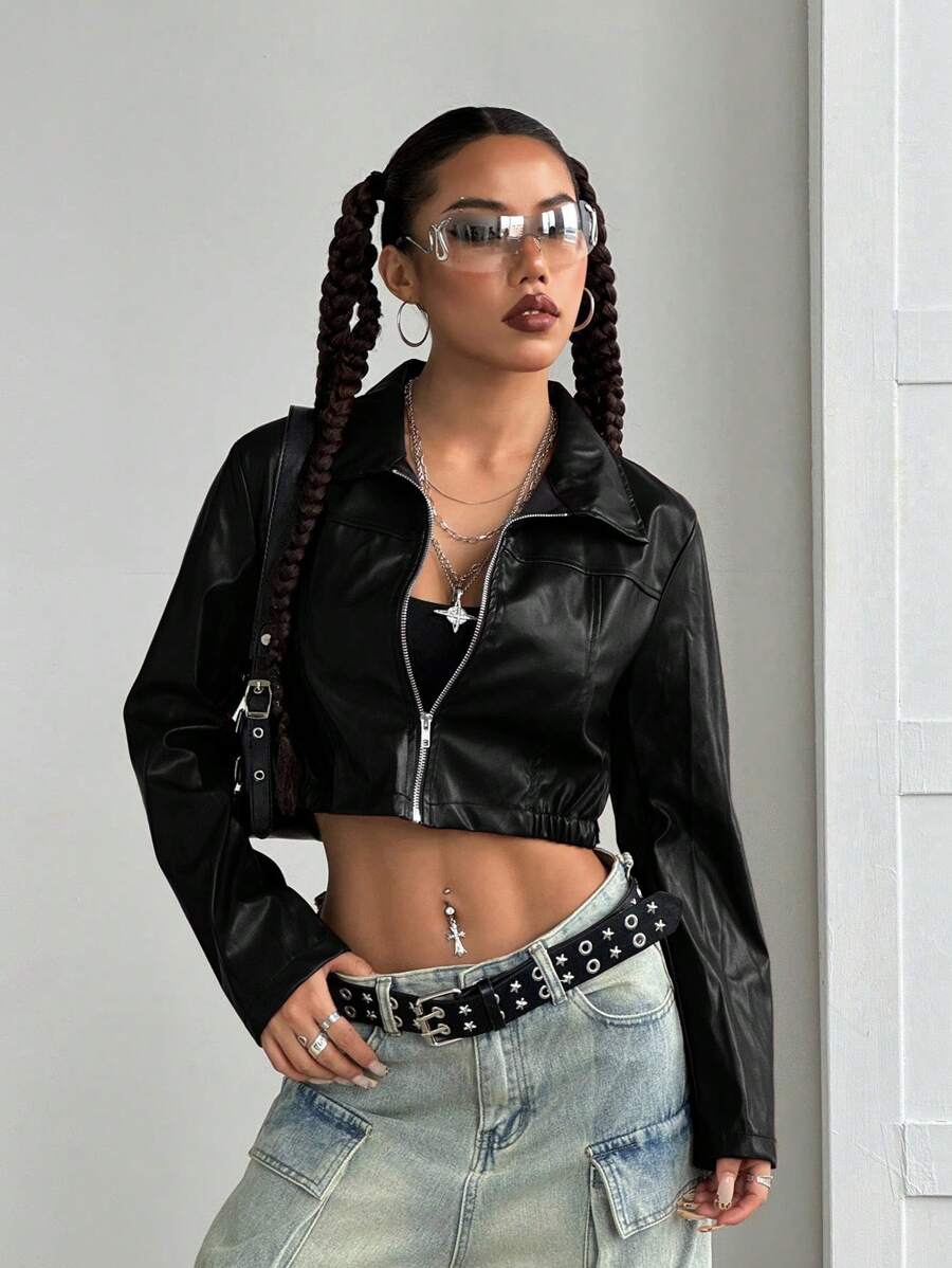 StreetHx Halloween Cropped Leather Zipper Jacket, Suitable For Autumn And Winter
