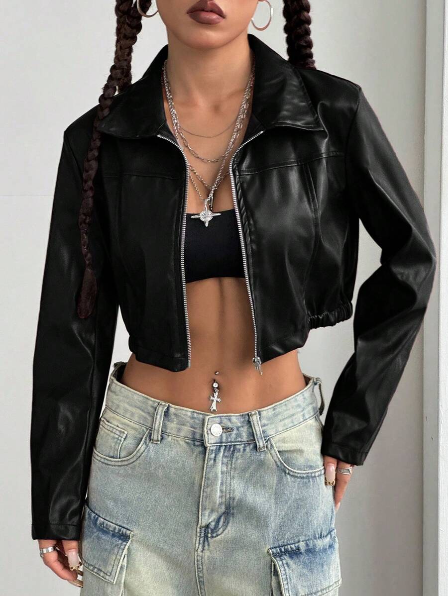 StreetHx Halloween Cropped Leather Zipper Jacket, Suitable For Autumn And Winter
