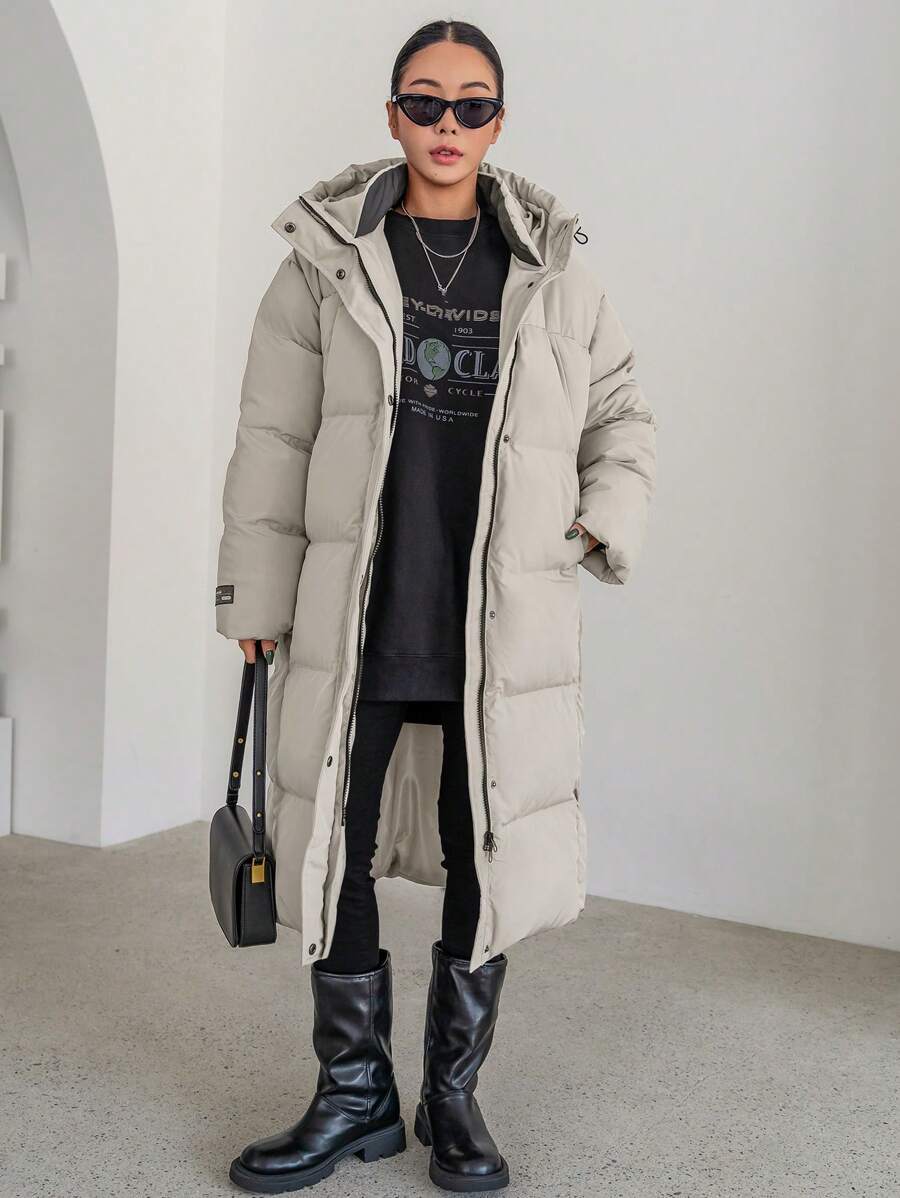 DAZY Letter Patched Detail Zip Up Hooded Padded Coat ,Winter Women Clothes,Winter Coat Women