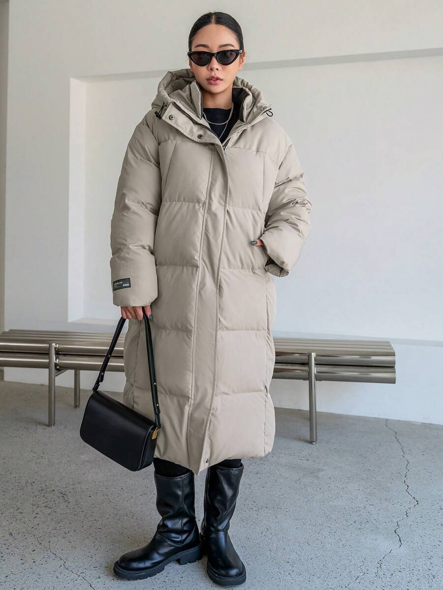 DAZY Letter Patched Detail Zip Up Hooded Padded Coat ,Winter Women Clothes,Winter Coat Women