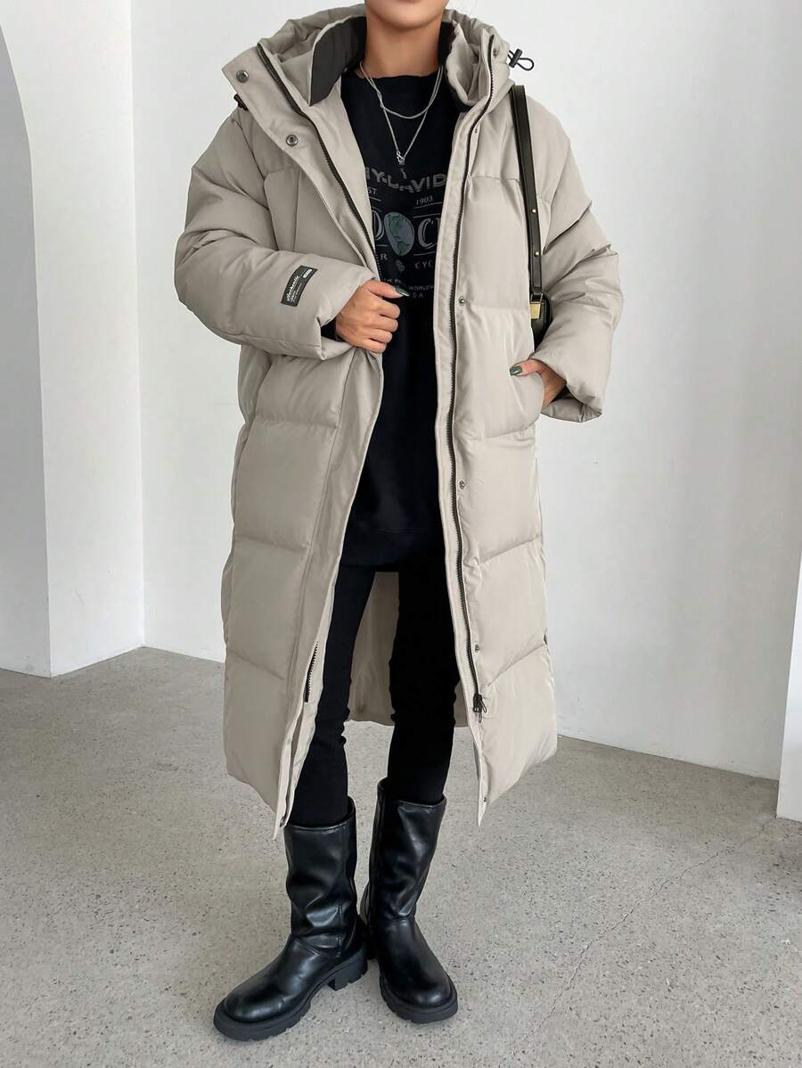 DAZY Letter Patched Detail Zip Up Hooded Padded Coat ,Winter Women Clothes,Winter Coat Women