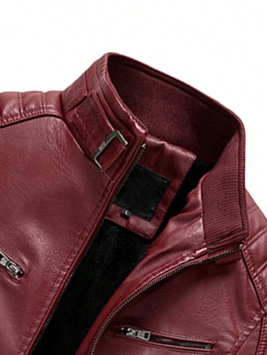 Men's Front Zipper Long Sleeve Minimalist Leather Jacket, Fashion, For Fall Winter