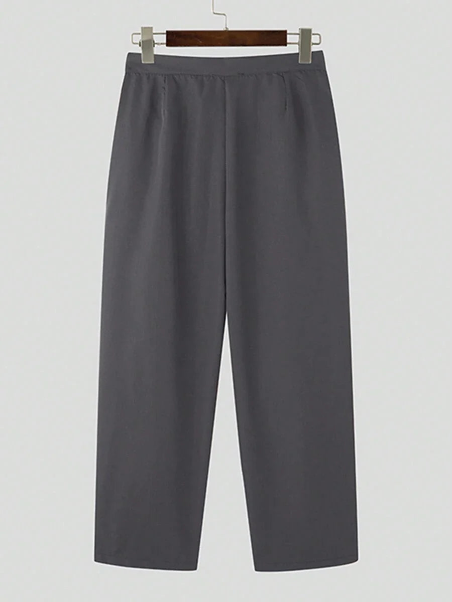 INCERUN Fashion Mens Zipper High Waist Pleated Bottoms Chino Pants Casual Solid Long Trousers