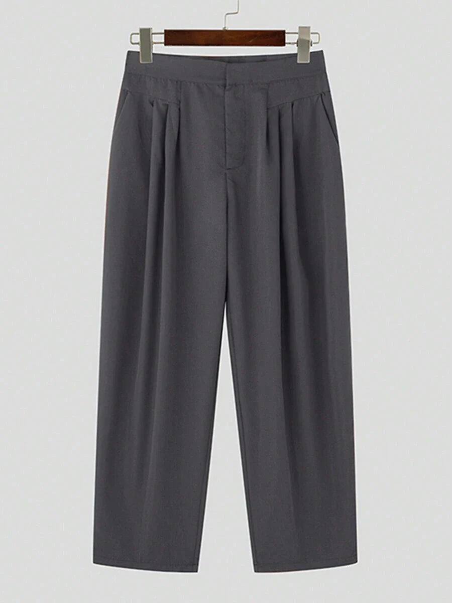 INCERUN Fashion Mens Zipper High Waist Pleated Bottoms Chino Pants Casual Solid Long Trousers