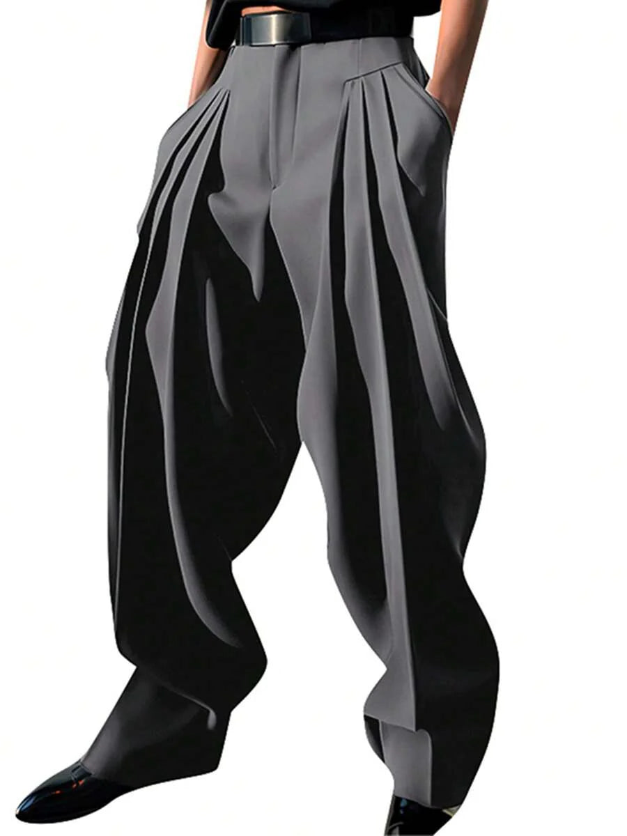INCERUN Fashion Mens Zipper High Waist Pleated Bottoms Chino Pants Casual Solid Long Trousers