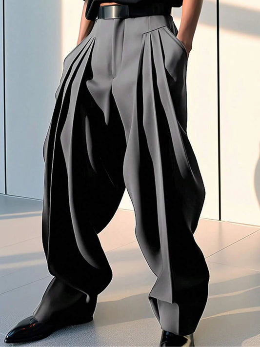 INCERUN Fashion Mens Zipper High Waist Pleated Bottoms Chino Pants Casual Solid Long Trousers