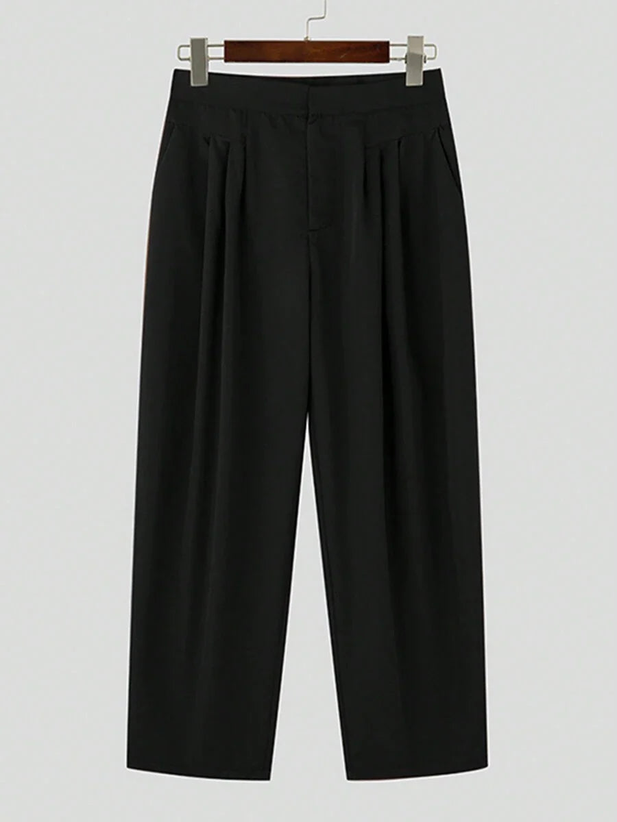INCERUN Fashion Mens Zipper High Waist Pleated Bottoms Chino Pants Casual Solid Long Trousers