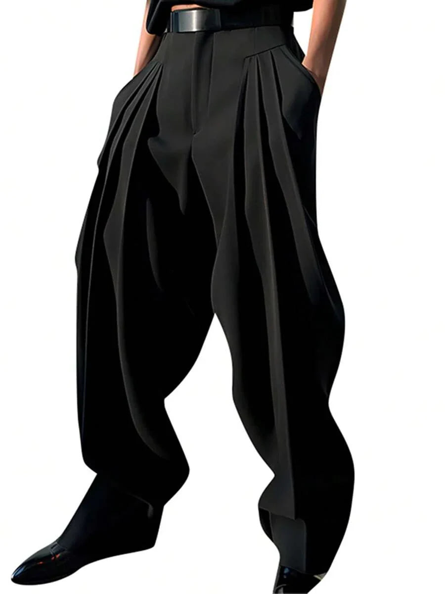 INCERUN Fashion Mens Zipper High Waist Pleated Bottoms Chino Pants Casual Solid Long Trousers