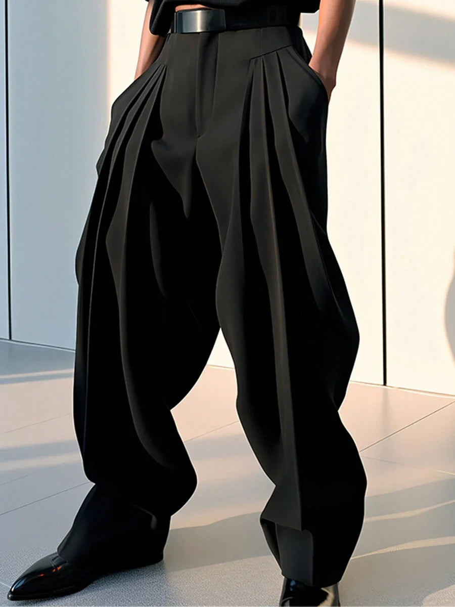 INCERUN Fashion Mens Zipper High Waist Pleated Bottoms Chino Pants Casual Solid Long Trousers