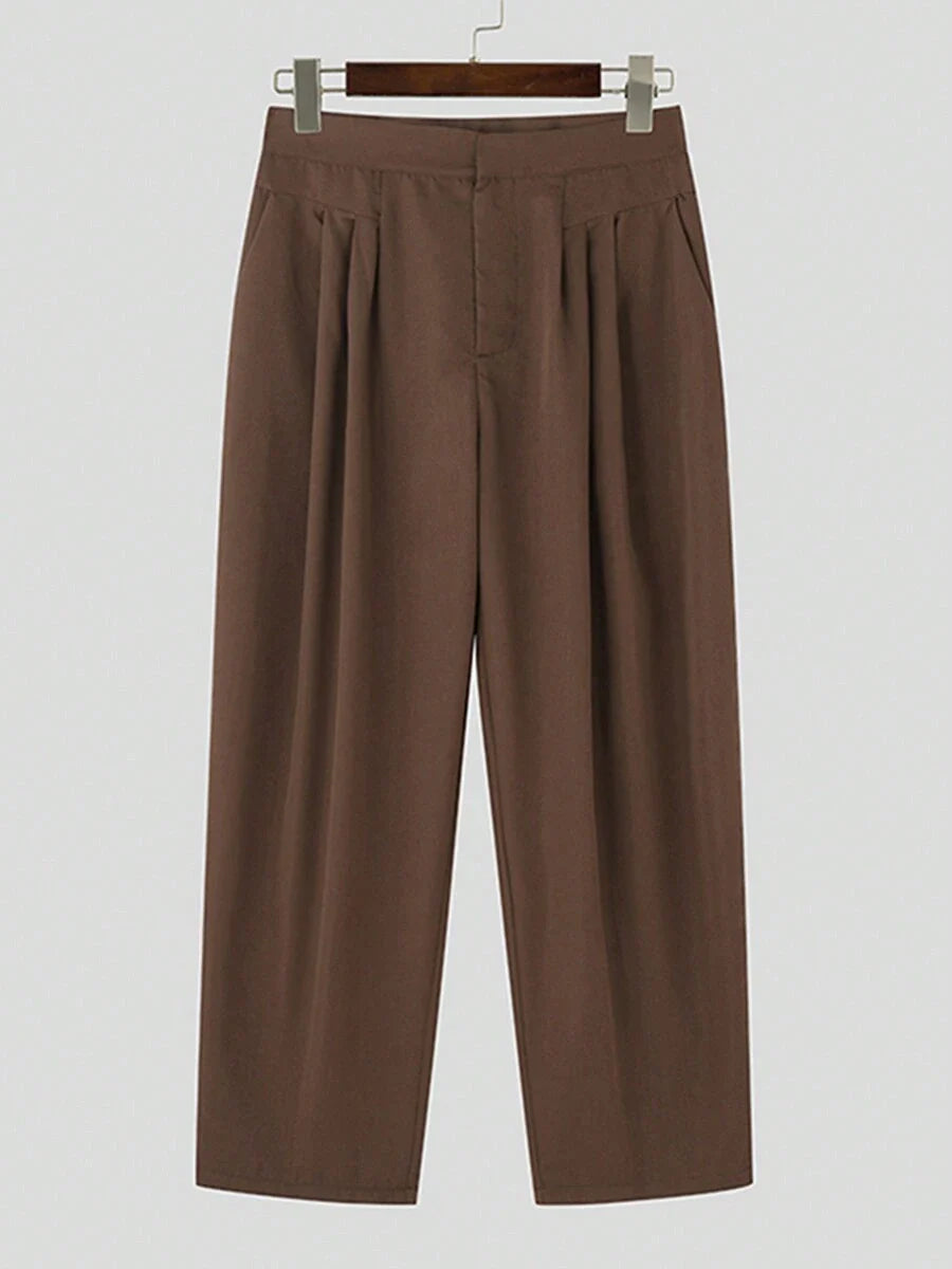 INCERUN Fashion Mens Zipper High Waist Pleated Bottoms Chino Pants Casual Solid Long Trousers