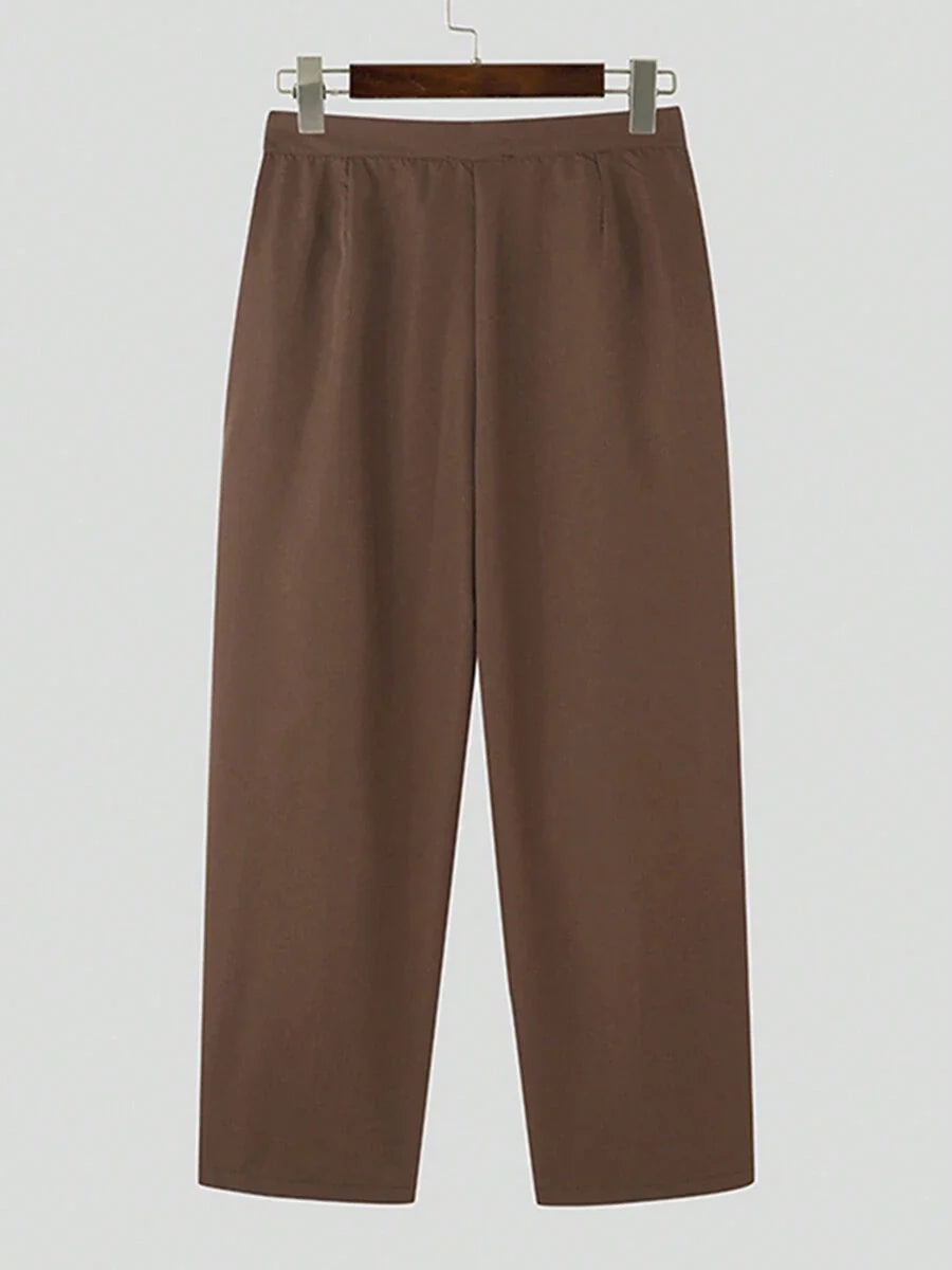 INCERUN Fashion Mens Zipper High Waist Pleated Bottoms Chino Pants Casual Solid Long Trousers