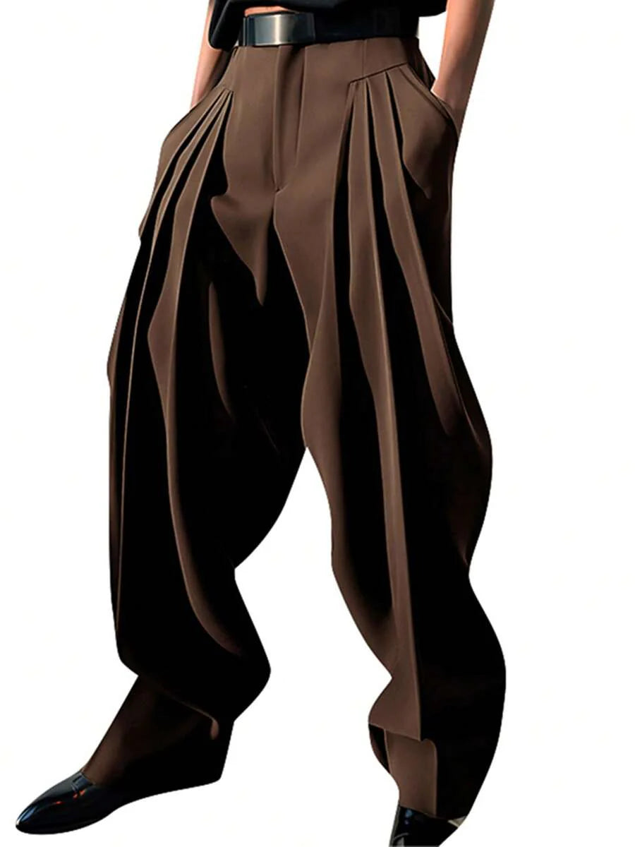 INCERUN Fashion Mens Zipper High Waist Pleated Bottoms Chino Pants Casual Solid Long Trousers
