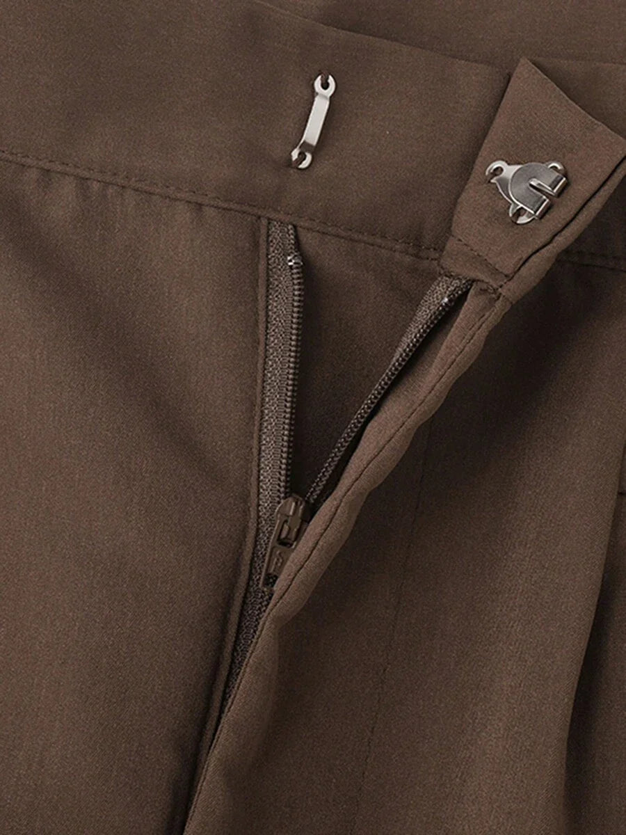 INCERUN Fashion Mens Zipper High Waist Pleated Bottoms Chino Pants Casual Solid Long Trousers