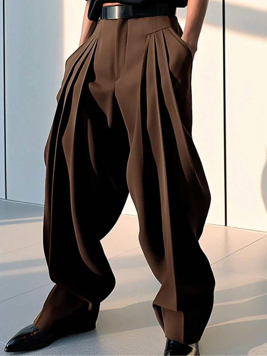 INCERUN Fashion Mens Zipper High Waist Pleated Bottoms Chino Pants Casual Solid Long Trousers