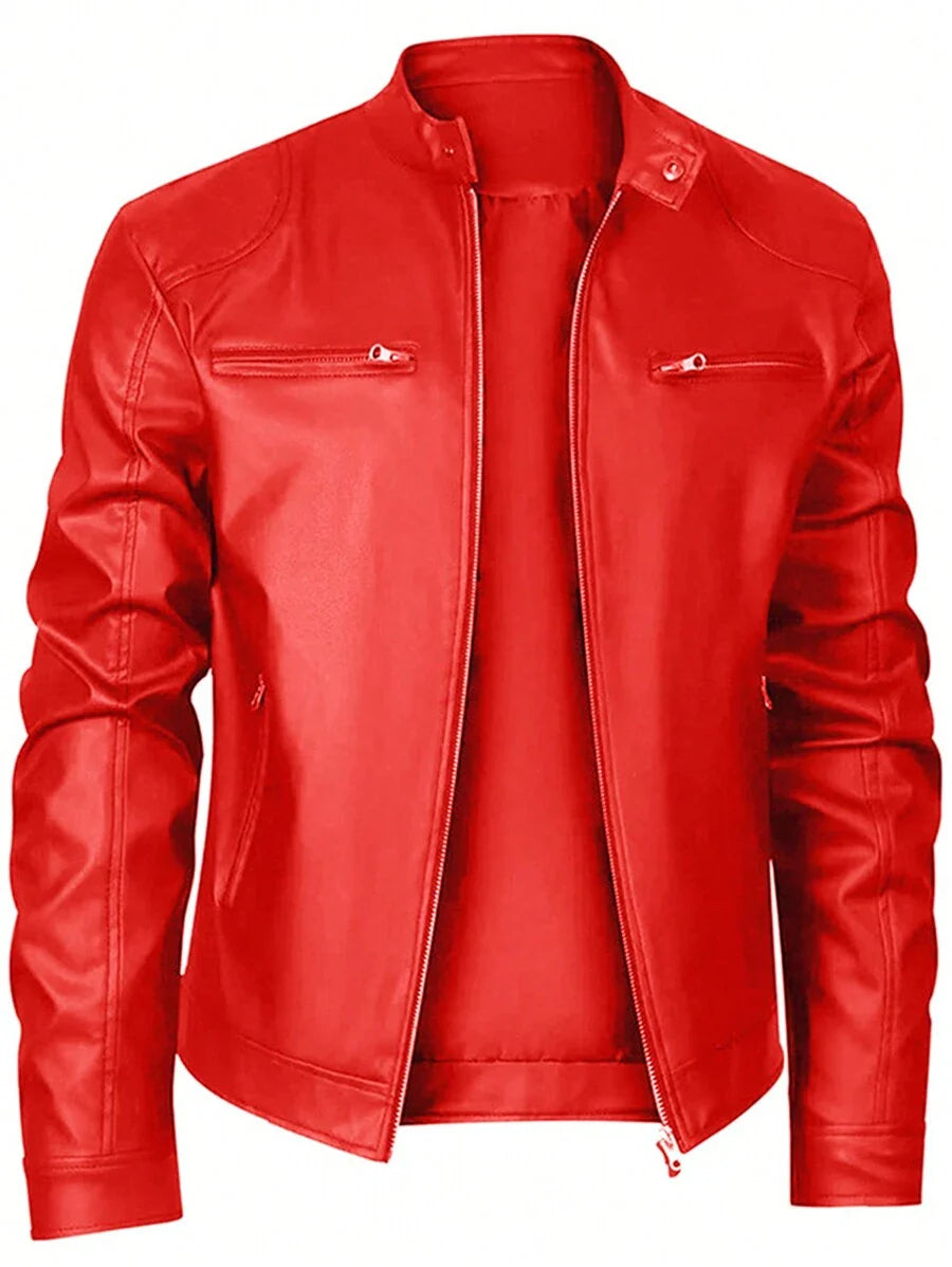 Men's Stand Collar Fitted Faux Leather Rave Jacket With Zipper Pockets, Motorcycle Style, For Fall Winter