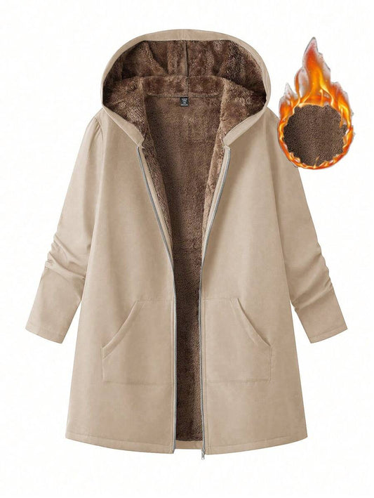 EMERY ROSE Plus Size Front Zipper Long Sleeve Pocket Minimalist Hooded Casual Jacket Fall Winter Cloth For Women Autumn