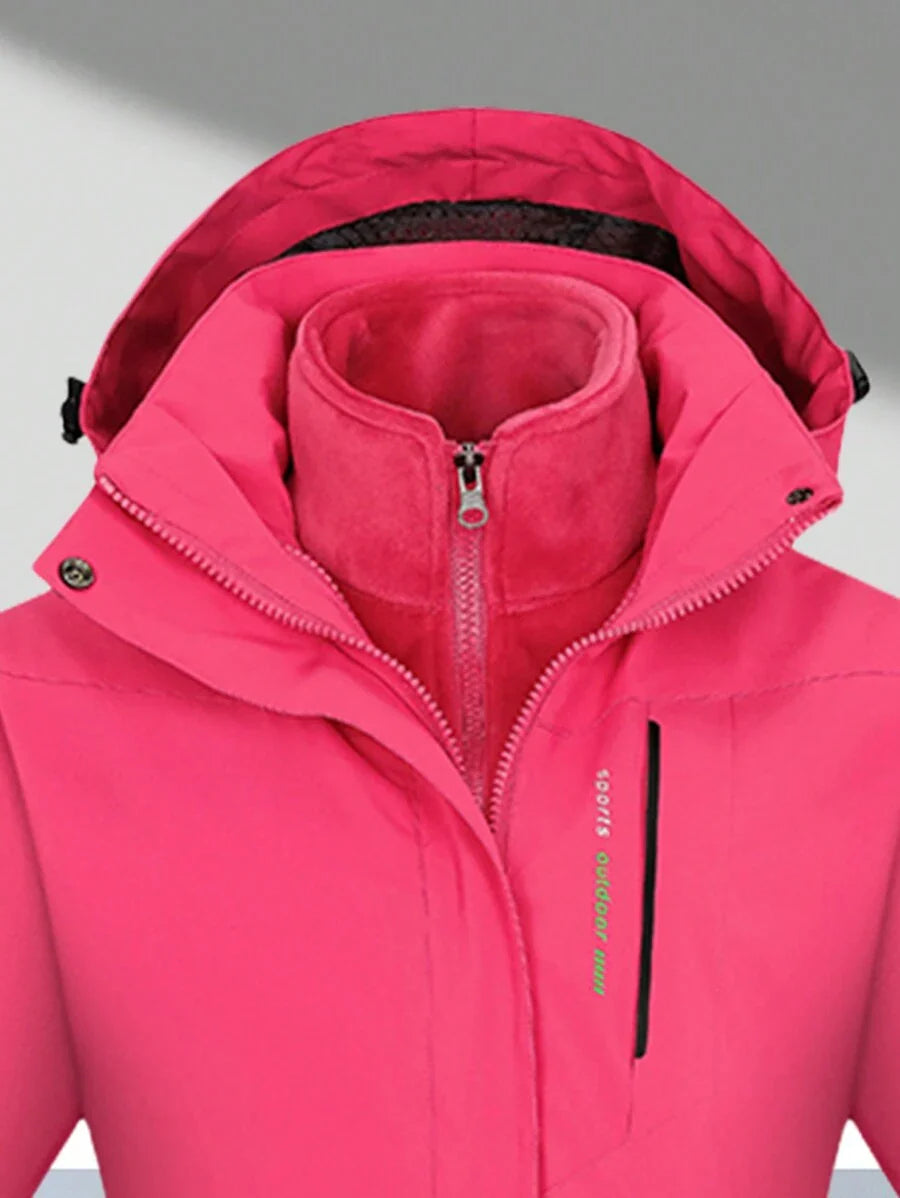 1 Set Women Outdoor Sports Mountaineering Skiing Hiking Camping Windproof Waterproof Thermal Lined 3-In-1 Black Softshell Jacket And Fleece Top, Winter