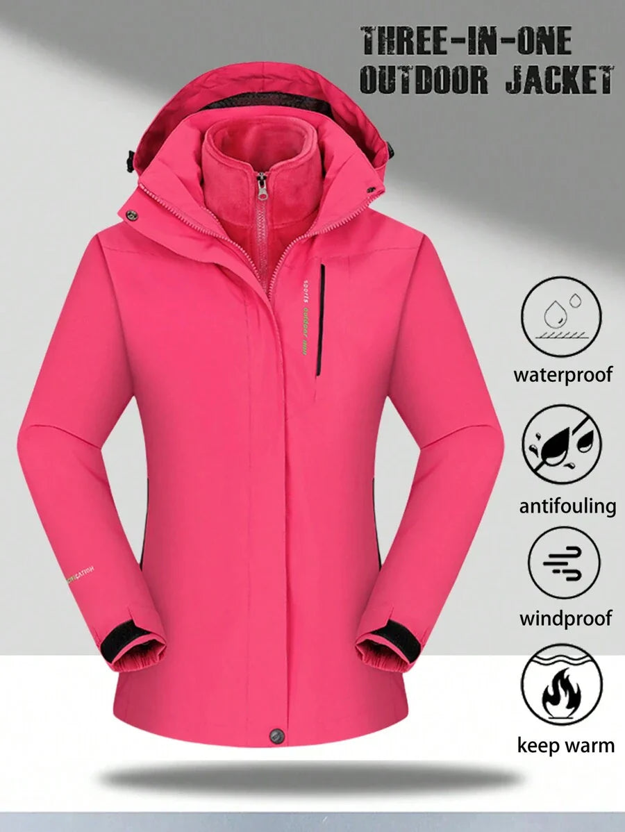 1 Set Women Outdoor Sports Mountaineering Skiing Hiking Camping Windproof Waterproof Thermal Lined 3-In-1 Black Softshell Jacket And Fleece Top, Winter