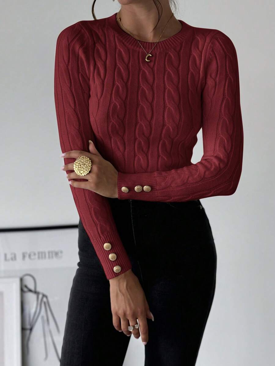 Firerie Women's Elegant Casual College Style Versatile White Crew Neck Cable Knit Button Decor Fitted Sweater