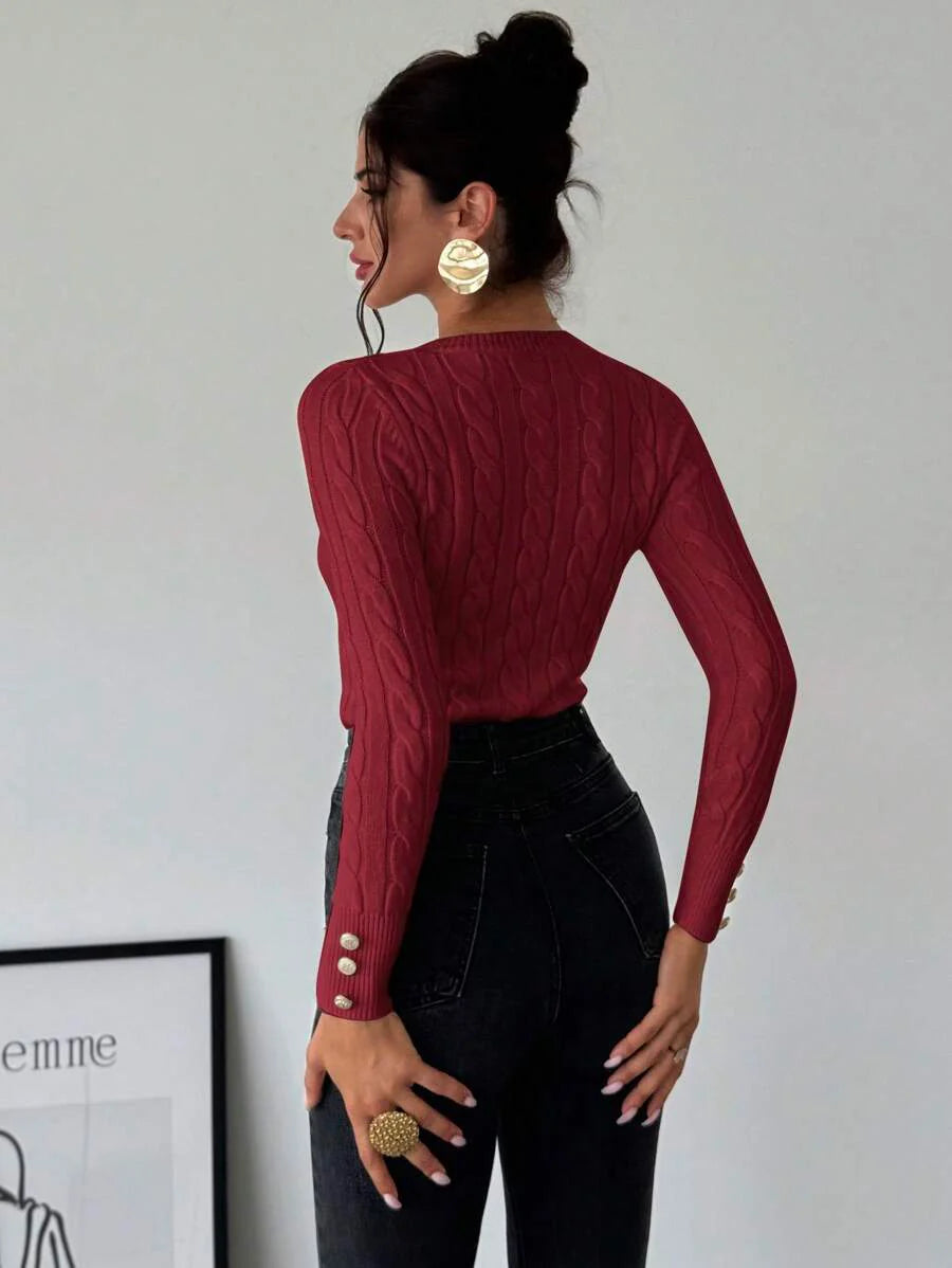 Firerie Women's Elegant Casual College Style Versatile White Crew Neck Cable Knit Button Decor Fitted Sweater