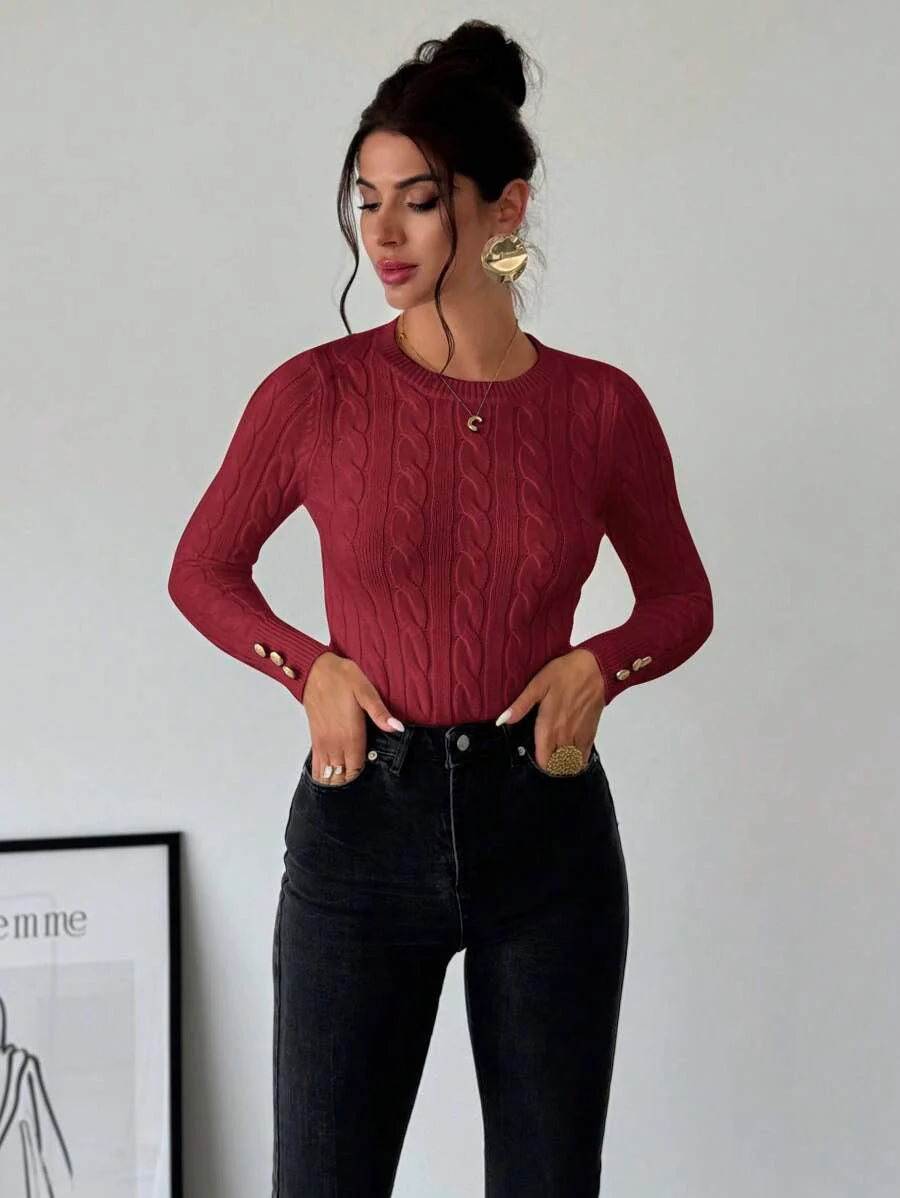 Firerie Women's Elegant Casual College Style Versatile White Crew Neck Cable Knit Button Decor Fitted Sweater