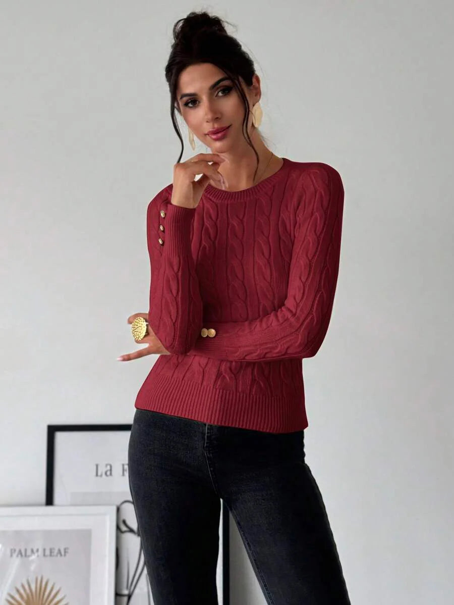 Firerie Women's Elegant Casual College Style Versatile White Crew Neck Cable Knit Button Decor Fitted Sweater