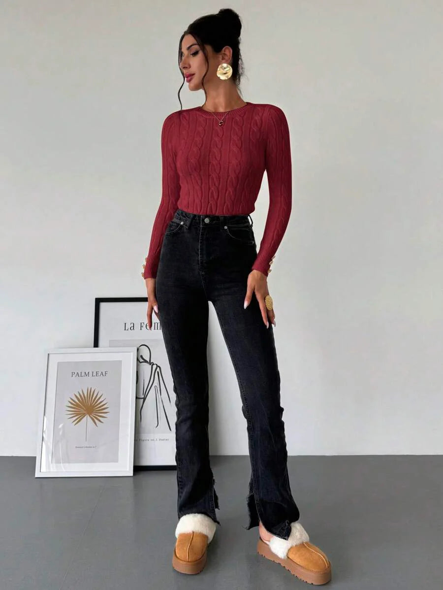 Firerie Women's Elegant Casual College Style Versatile White Crew Neck Cable Knit Button Decor Fitted Sweater