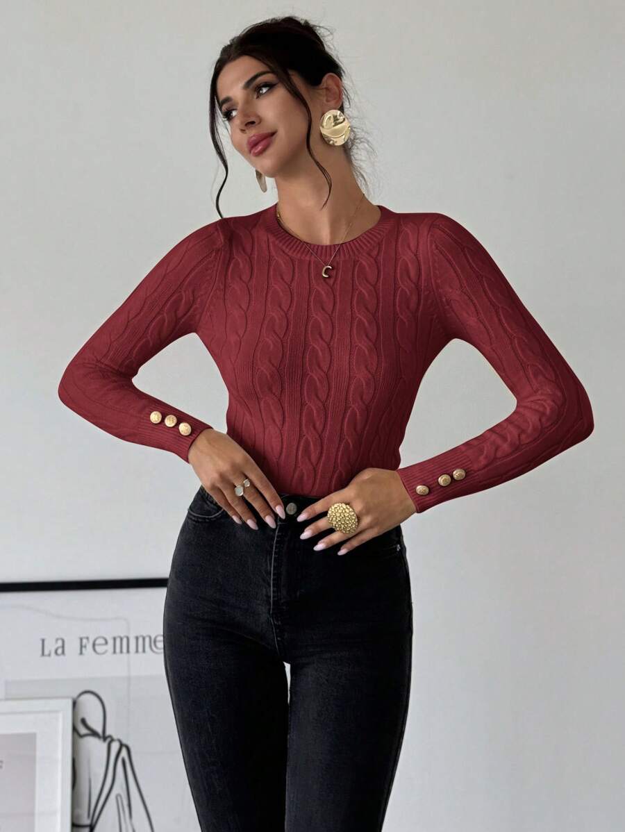 Firerie Women's Elegant Casual College Style Versatile White Crew Neck Cable Knit Button Decor Fitted Sweater