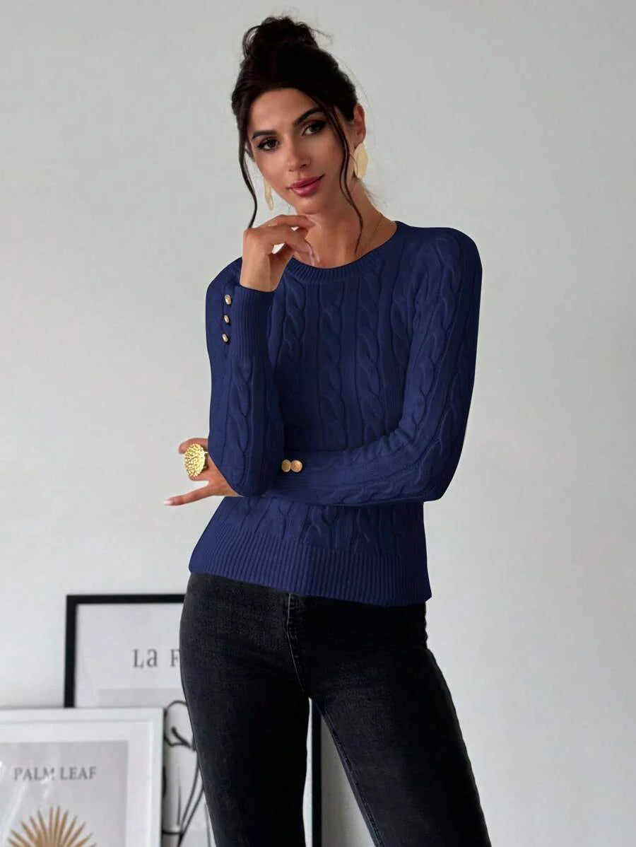 Firerie Women's Elegant Casual College Style Versatile White Crew Neck Cable Knit Button Decor Fitted Sweater