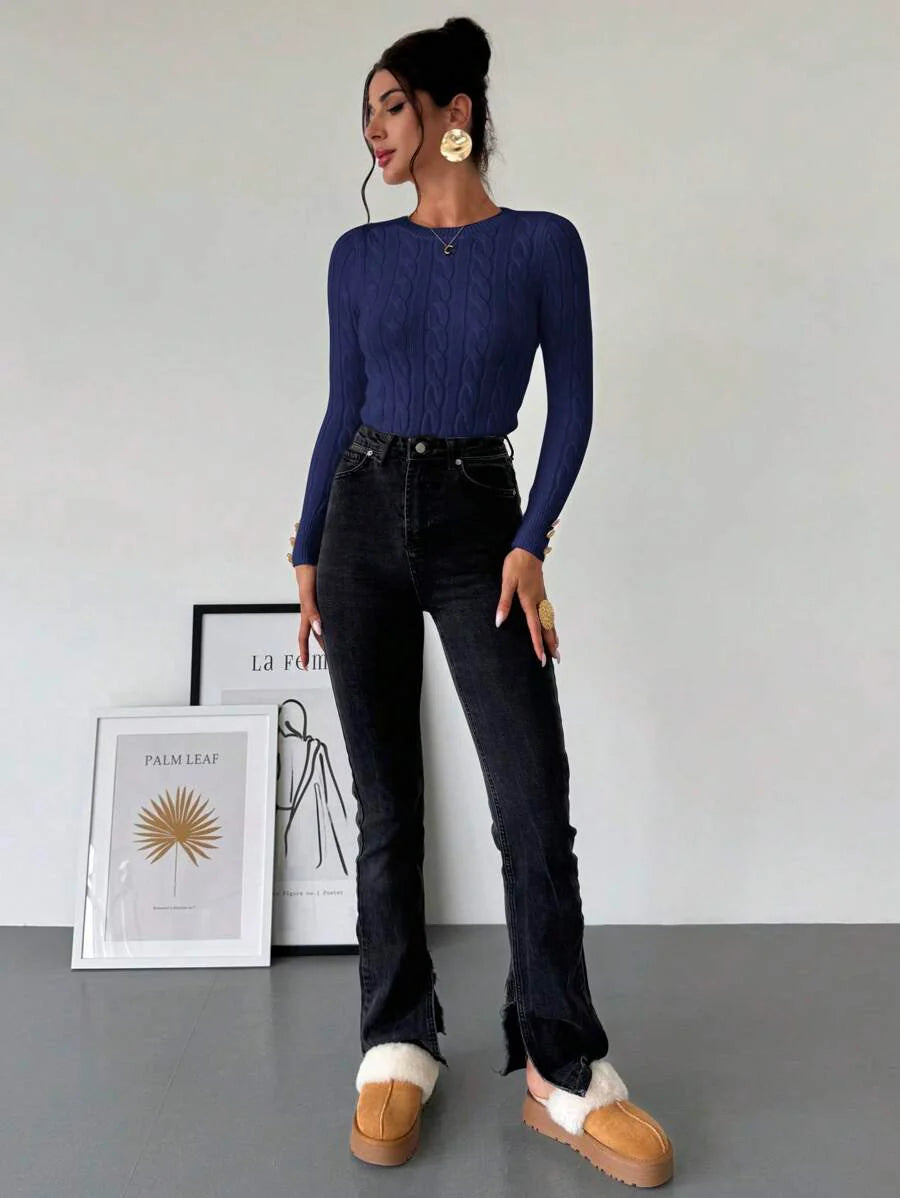 Firerie Women's Elegant Casual College Style Versatile White Crew Neck Cable Knit Button Decor Fitted Sweater