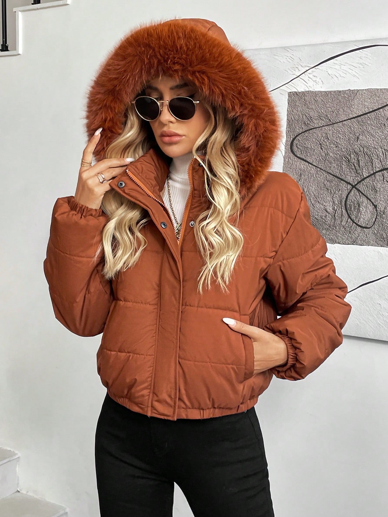 SHEIN LUNE Women Casual Solid Color Fur Collar Hooded Padded Coat, Winter  Winter Clothes For Women  Winter Clothes Fleece