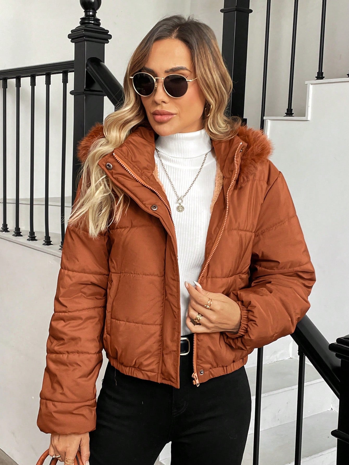 SHEIN LUNE Women Casual Solid Color Fur Collar Hooded Padded Coat, Winter  Winter Clothes For Women  Winter Clothes Fleece