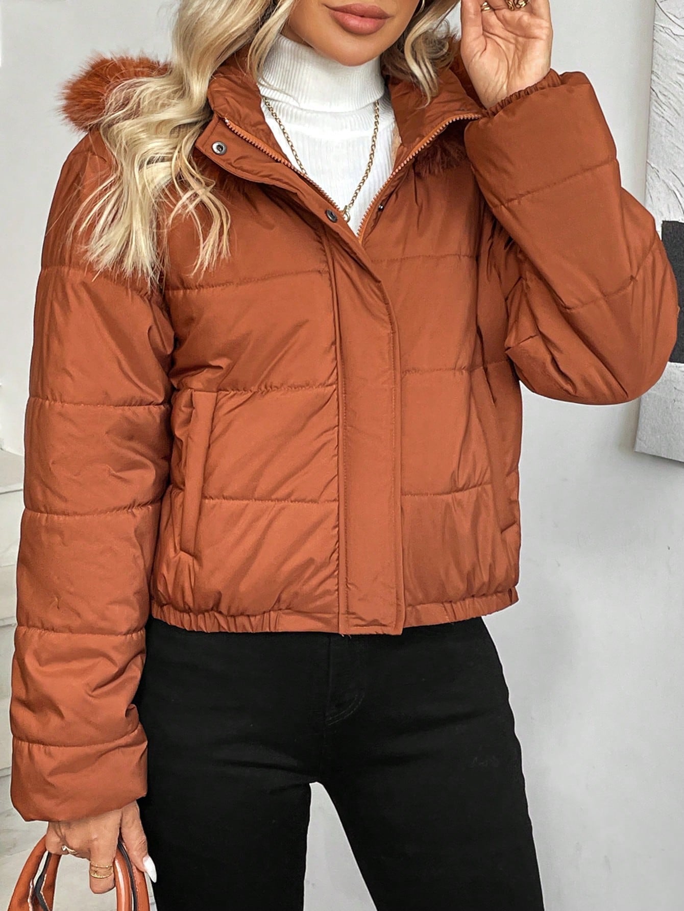 SHEIN LUNE Women Casual Solid Color Fur Collar Hooded Padded Coat, Winter  Winter Clothes For Women  Winter Clothes Fleece