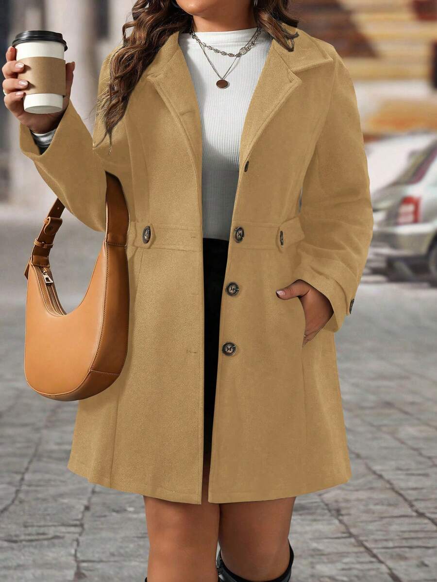 EMERY ROSE Black Lapel Button Decor Waist Cinched Mid-Length Women Overcoat