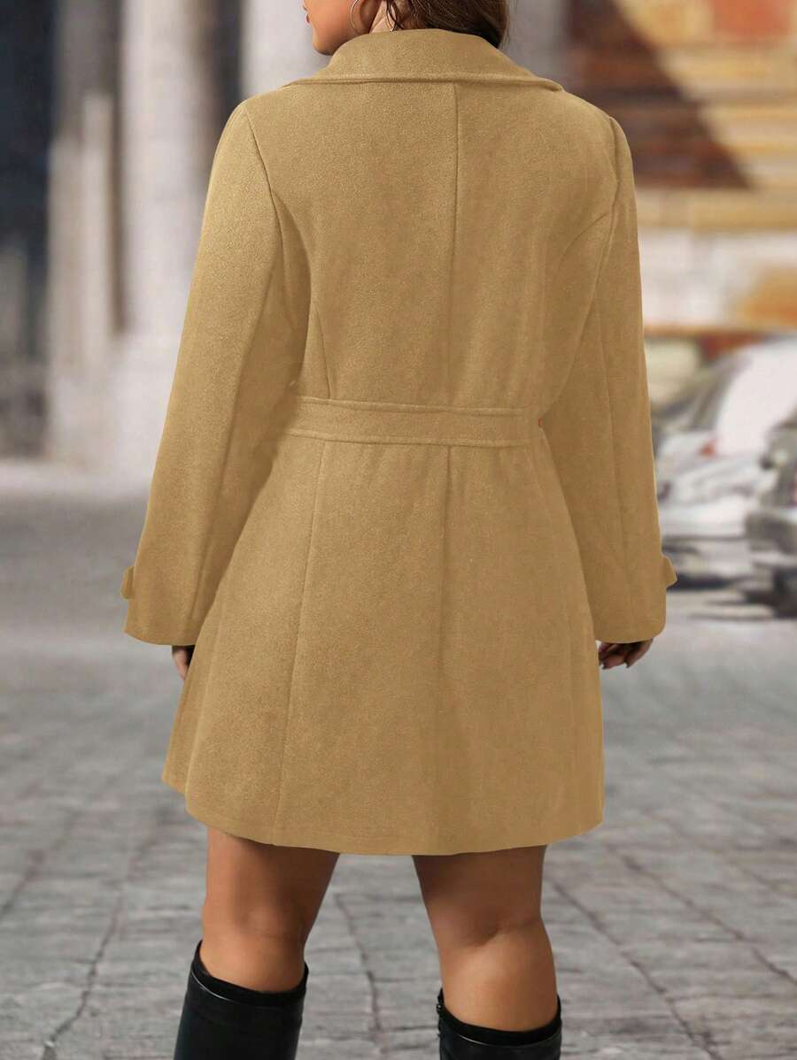 EMERY ROSE Black Lapel Button Decor Waist Cinched Mid-Length Women Overcoat