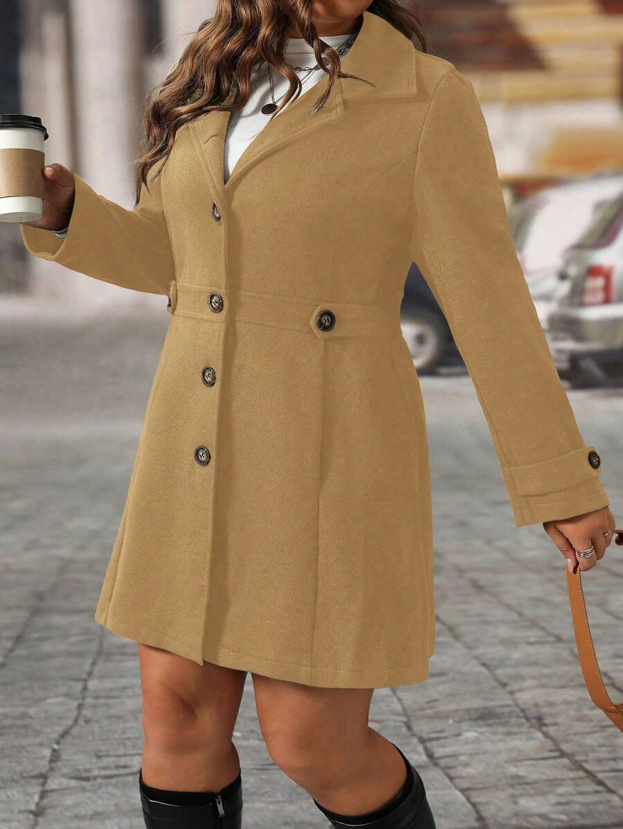 EMERY ROSE Black Lapel Button Decor Waist Cinched Mid-Length Women Overcoat