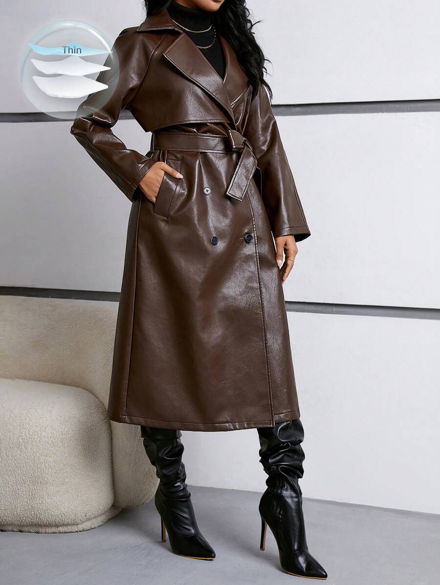 Firerie Women's Regular Fit Pu Leather Jacket With Contrast Lapel, Tie Belt And Waistband In Fall/Winter
