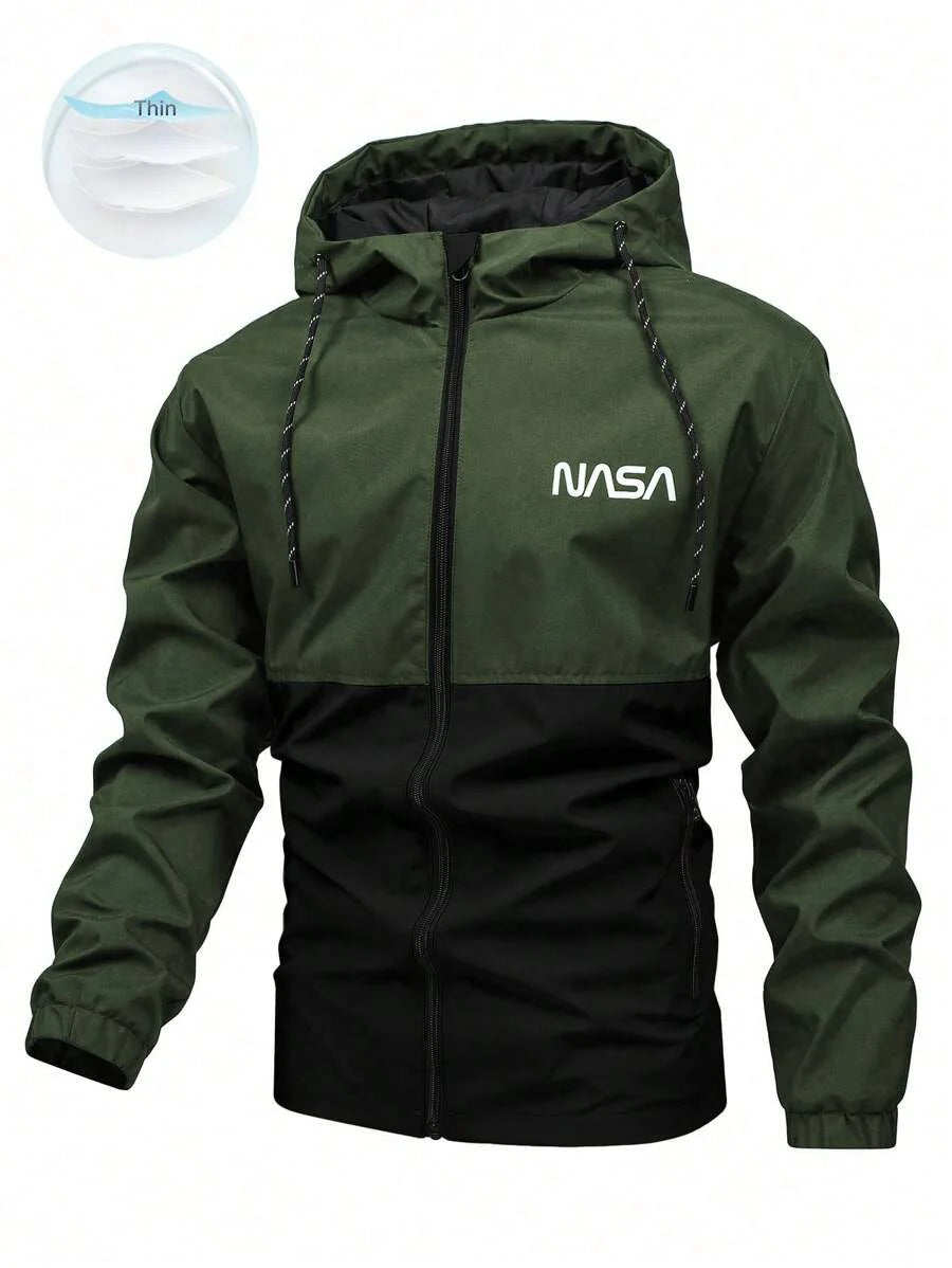 Manfinity Homme Men's Loose Fit Two Tone Letter Graphic Hooded Outdoor Windbreaker Jacket With Drawstring, For Fall