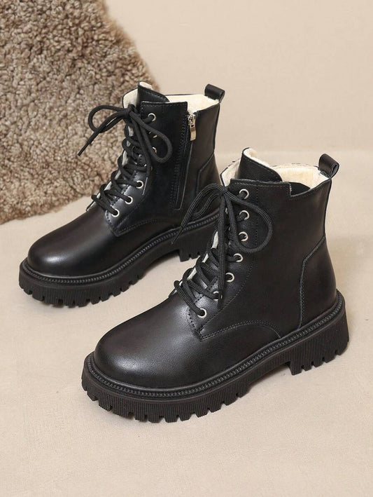 2025 Autumn/Winter New Women's Shoes, Warm Women's Boots, Fashion Versatile Casual Women's Shoes, Leather Ankle Boots, Black Short Boots With Lace-Up And Side Zipper, Chelsea Short Boots For Women