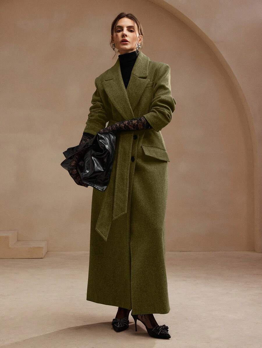 Anewsta Women's Khaki Long Belted Overcoat With Lapel Collar