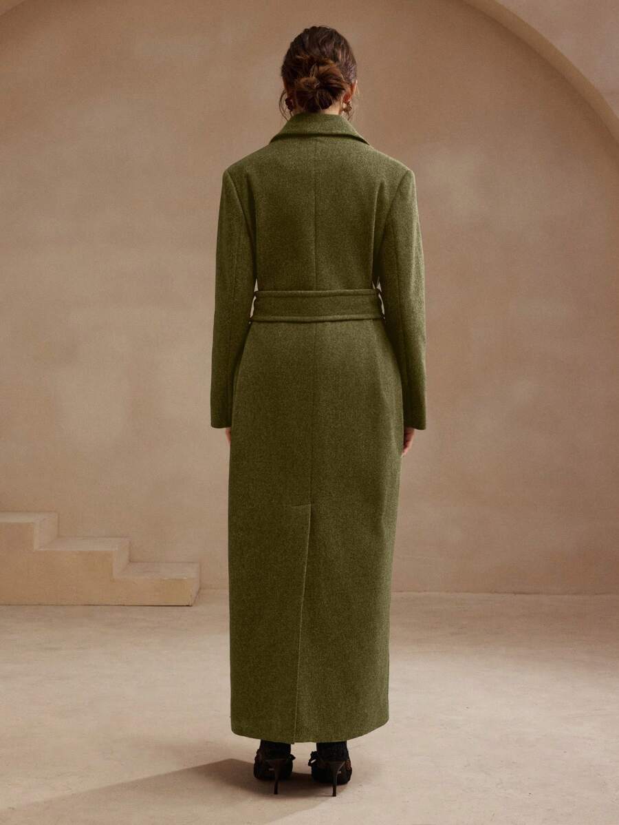 Anewsta Women's Khaki Long Belted Overcoat With Lapel Collar